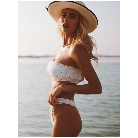 CLEARANCE White Eyelet Ruffle Bandeau Cheeky Bikini 2Pc Set - Picture 3 of 5